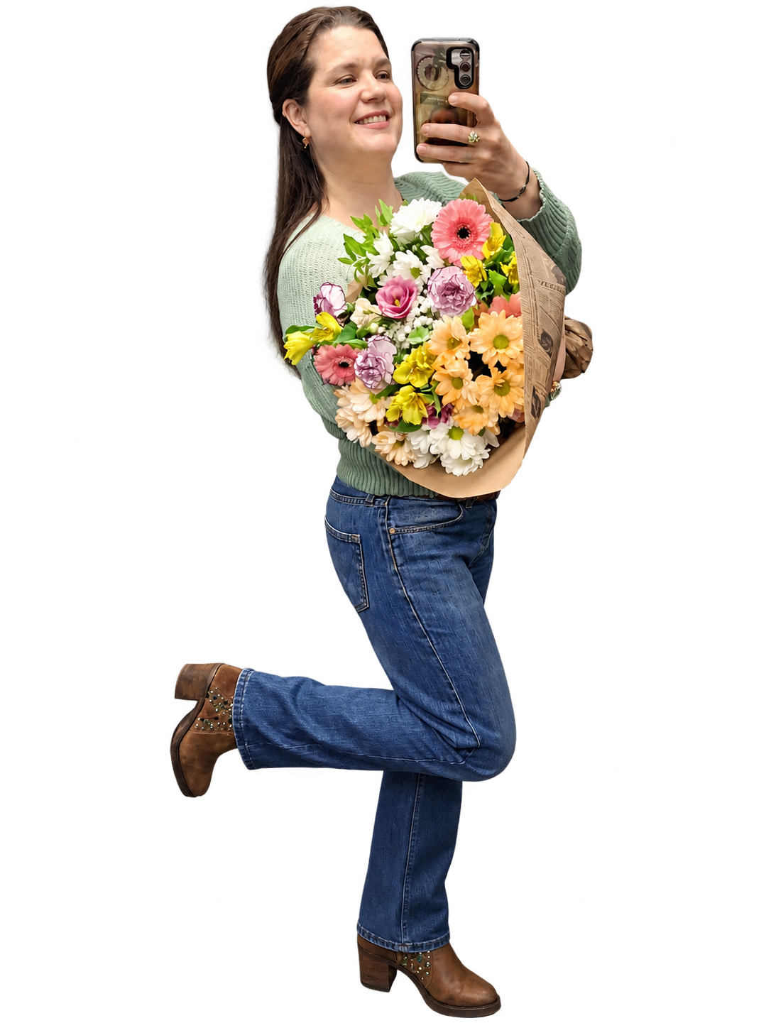 Mujer con ramo y teléfono
